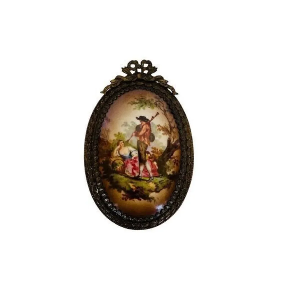 Vintage Porcelain Miniature Oval‎ Plaque Couple & Landscape Wall Art See Photos